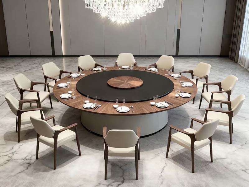 12-Seat Round Banquet Dining Table with Central Lazy Susan and Upholstered Armchairs