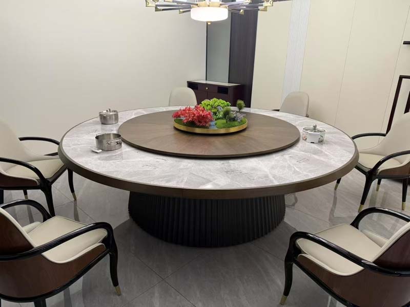 Round Marble-Look Dining Table with Wood Lazy Susan and Fluted Pedestal