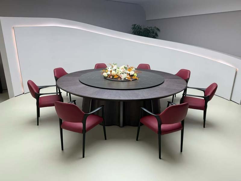 Round Wood-Grain Conference Dining Table with Central Lazy Susan and Eight Burgundy Upholstered Armchairs