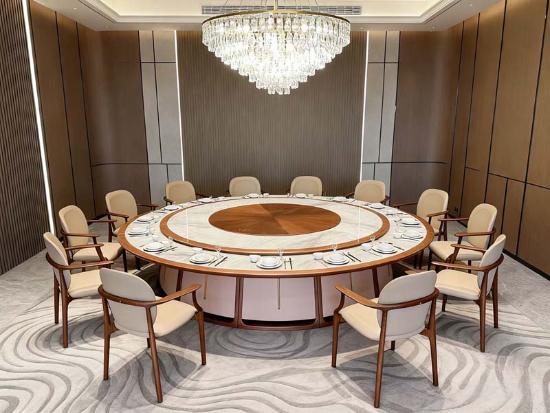 12-Seat Round Banquet Dining Table with Upholstered Armchairs