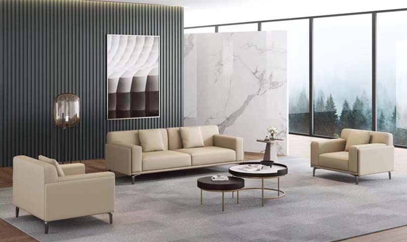Three-Piece Beige Upholstered Office Lounge Seating Set with Coffee Tables