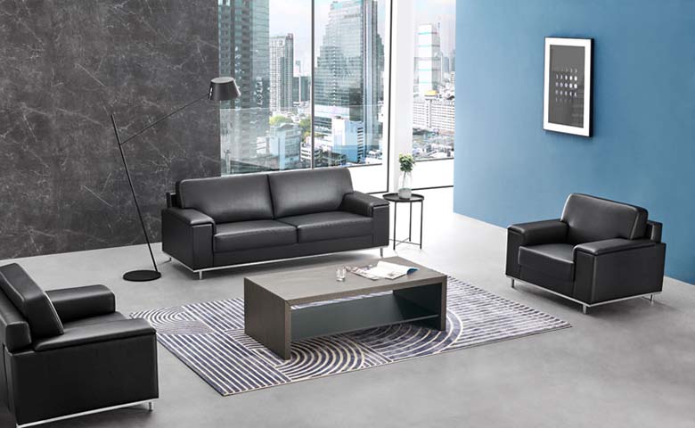 Black Leather Reception Sofa Set with Coffee Table, 3+1+1 Configuration