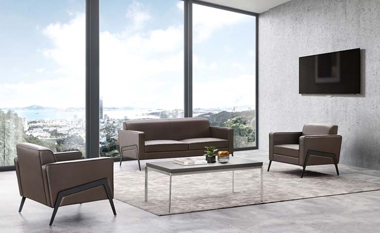Brown Upholstered Three-Seat Lounge Sofa with Angular Metal Legs