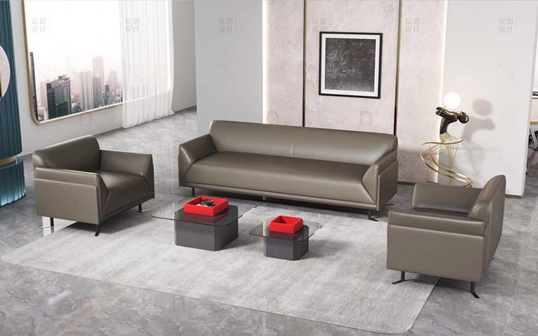 Three-Piece Taupe Faux Leather Reception Sofa Set with Glass-Top Tables