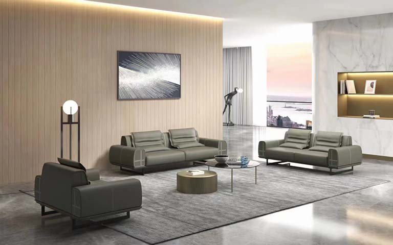 Modern Grey Leather Sofa Set with Two Three-Seat Sofas and One Lounge Armchair