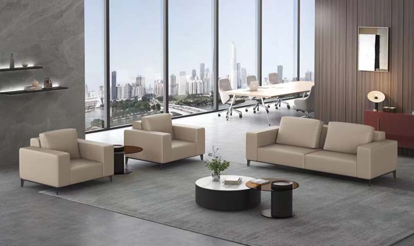 Beige Leather Reception Sofa Set with Two Armchairs and Two-Seat Sofa