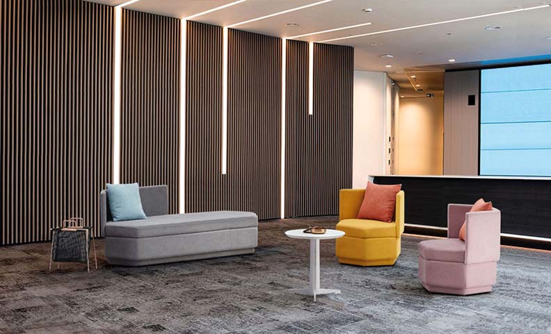 Modular Upholstered Lounge Seating Group with Side Table and Magazine Rack