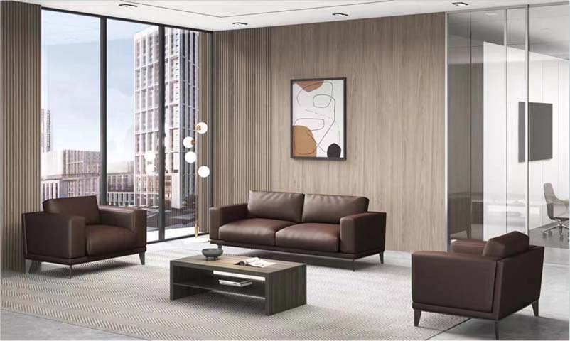 Brown Leather Three-Seat Office Sofa
