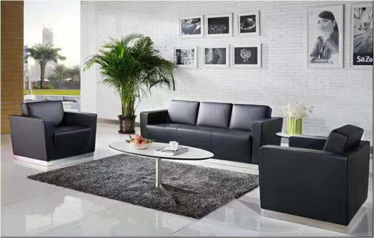 Black Faux Leather Three-Piece Reception Sofa Set with Oval Coffee Table