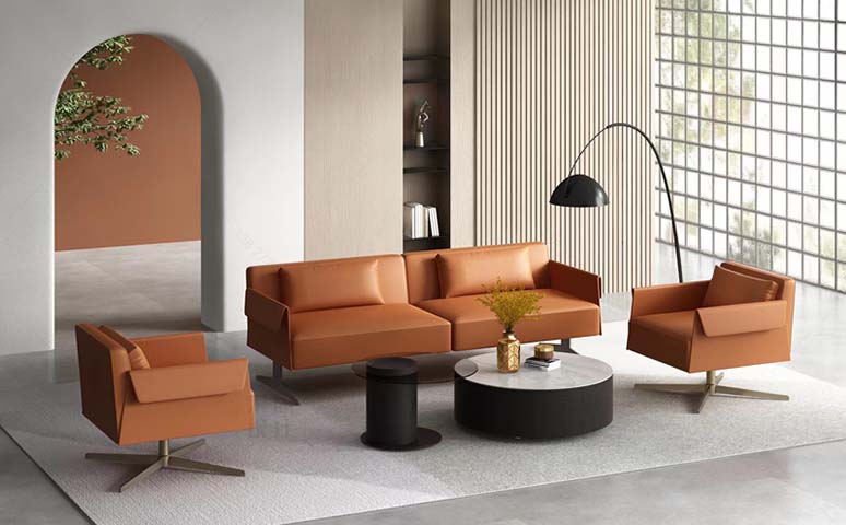 Cognac Leather Four-Piece Lounge Seating Set with Round Coffee and Side Tables