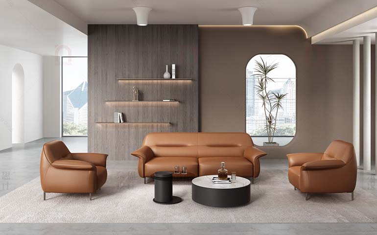 Caramel Leather Three-Piece Lounge Sofa Set with Two Armchairs