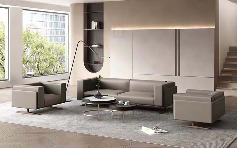 Taupe Leather Three-Seat Sofa with Block Arms and Low Base