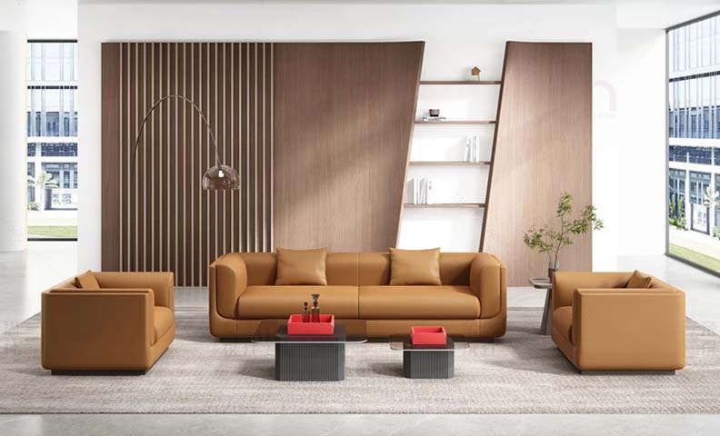 Cognac Leather Three-Piece Lounge Sofa Set with Glass Coffee Tables