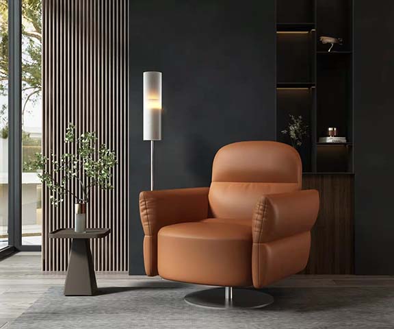 Cognac Leather Swivel Lounge Armchair with Disc Base
