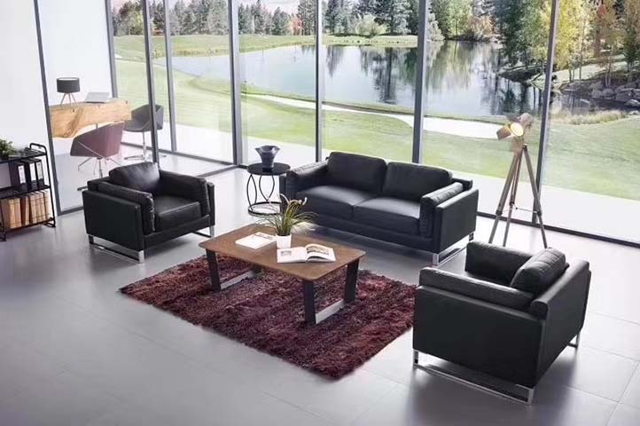 Black Leather Three-Piece Lounge Seating Set with Coffee Table
