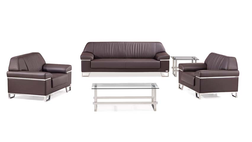 Dark Brown Faux Leather Reception Seating Set with Glass Tables