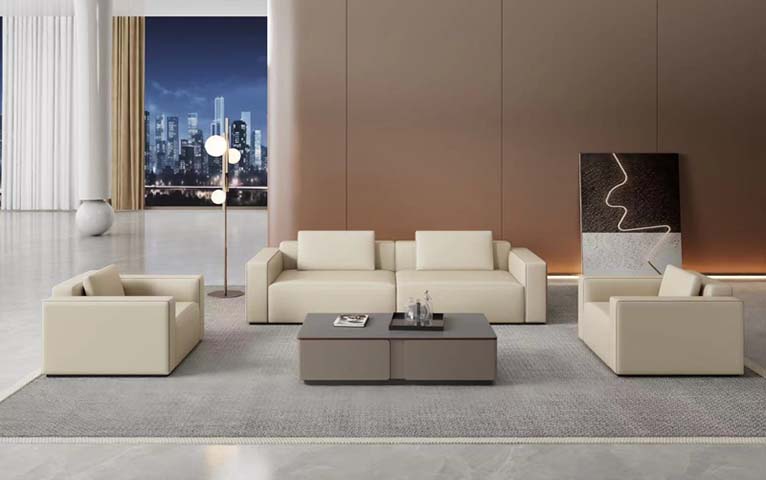 Block-style Cream Leather Sofa Set with Two Armchairs and Coffee Table