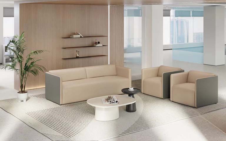Three-Seat Beige Upholstered Lounge Sofa with Gray Side Panels