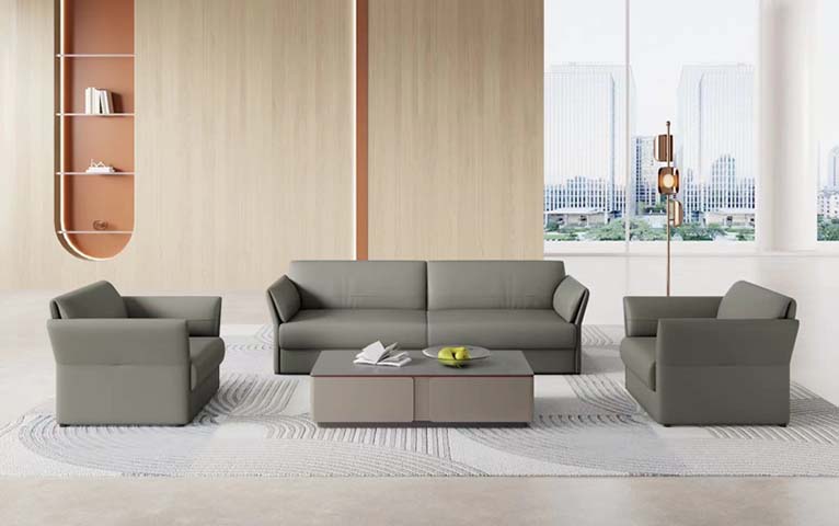 Gray Upholstered Three-Seat Sofa with Two Matching Armchairs and Rectangular Coffee Table