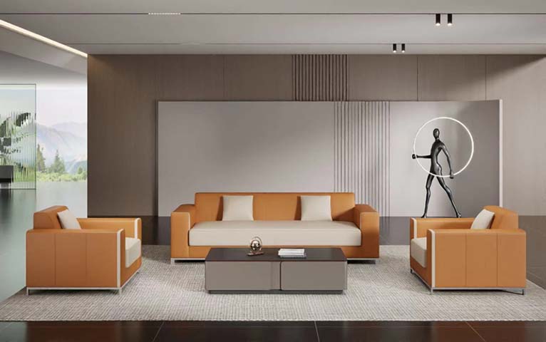 Five-Seat Leather Reception Sofa Set with Block Arms and Contrast Seat Cushions
