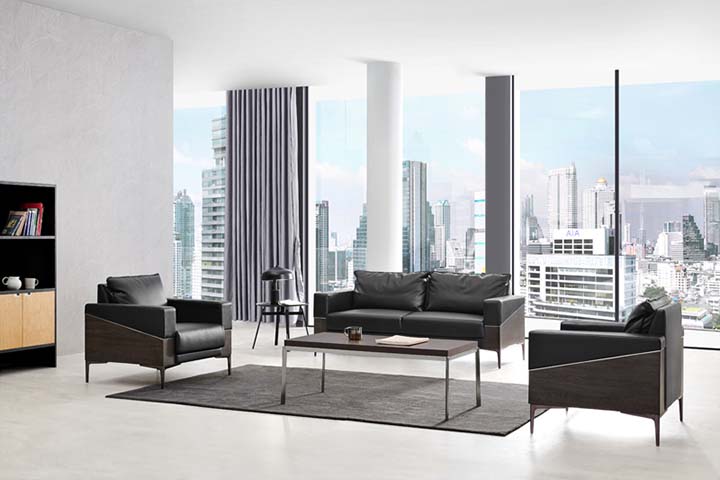 Black Leather Three-Piece Executive Lounge Seating Set with Metal-Leg Coffee Table