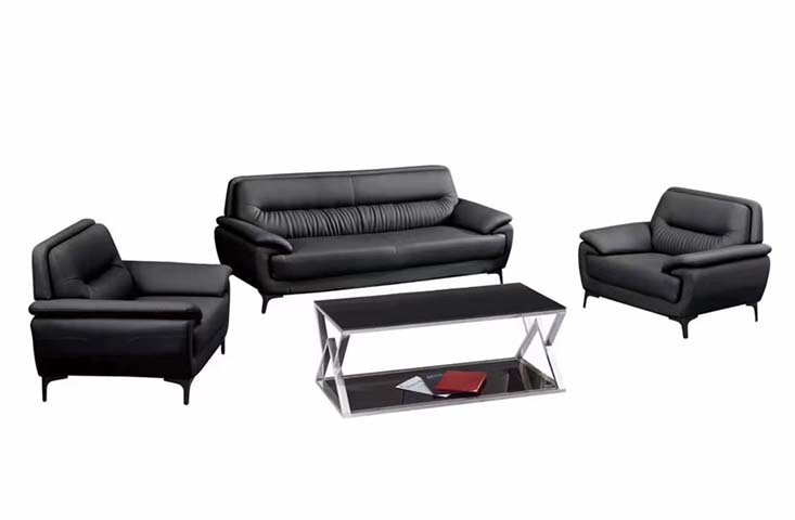 Black Faux Leather Three-Piece Lounge Sofa Set with Glass Coffee Table