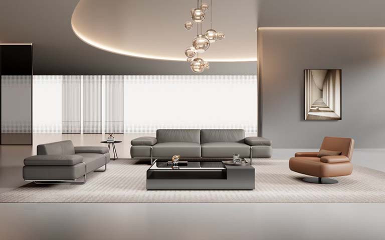 Modular Grey Leather Lounge Sofa Set with Swivel Lounge Chair and Coffee Table