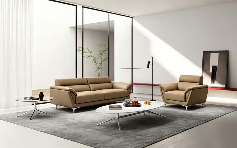Tan Upholstered Three-Seat Sofa with Matching Lounge Armchair