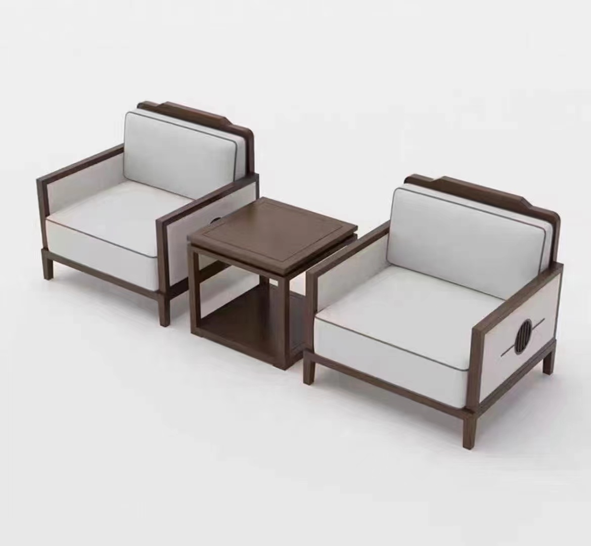 Two-Seat Lounge Seating Set with Dark Wood Frame and Square Side Table
