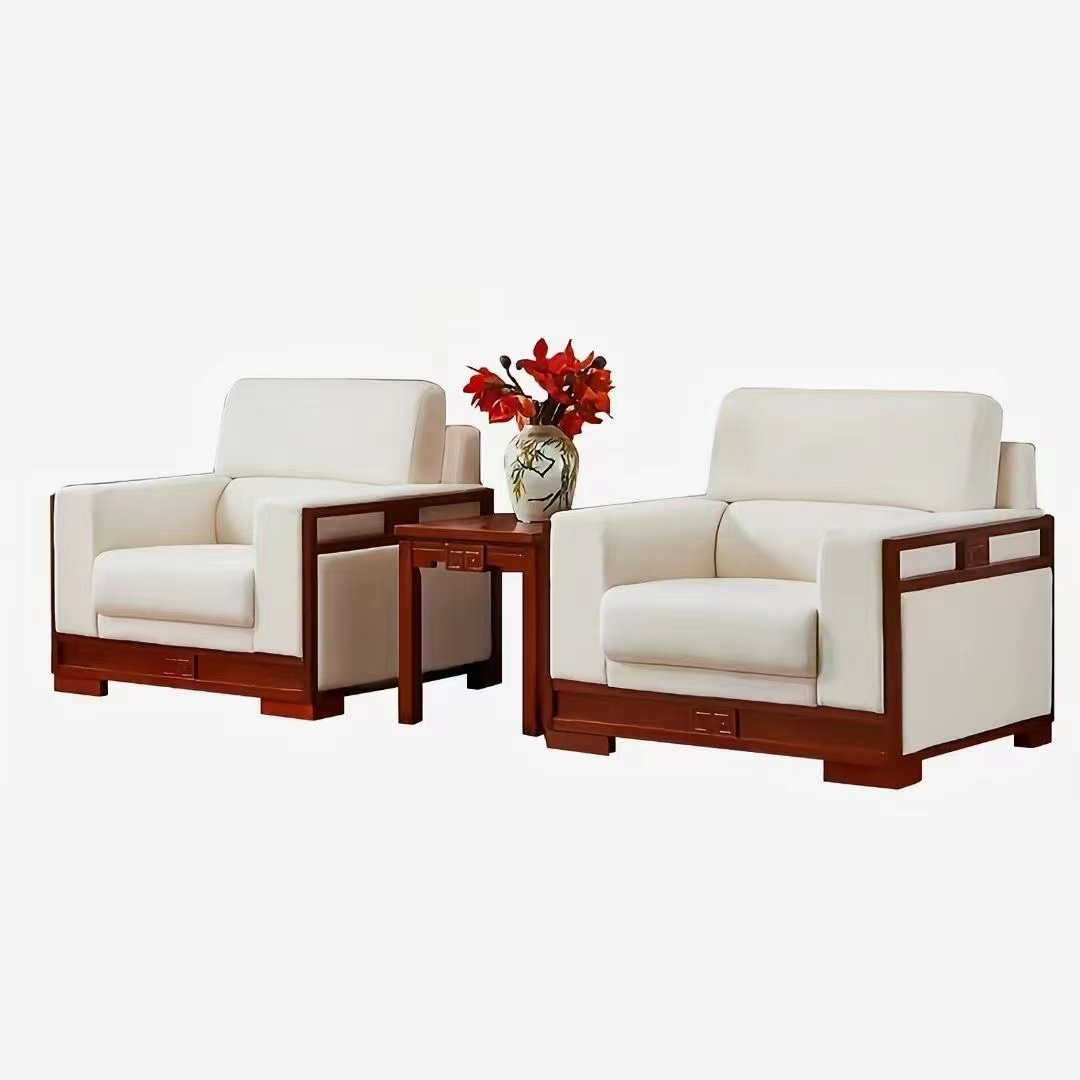 Cream Upholstered Wood-Framed Reception Armchairs with Side Table