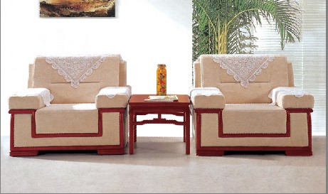 Beige Upholstered Reception Armchair with Reddish-Brown Wood Frame