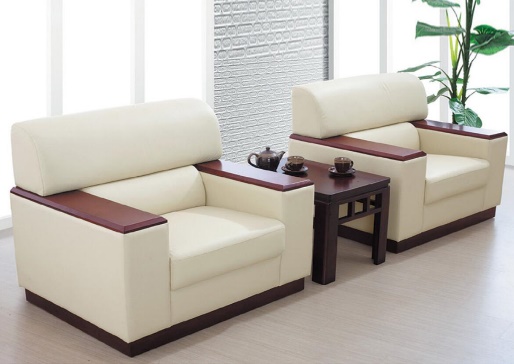 Cream Upholstered Reception Armchair with Wood Arm Caps