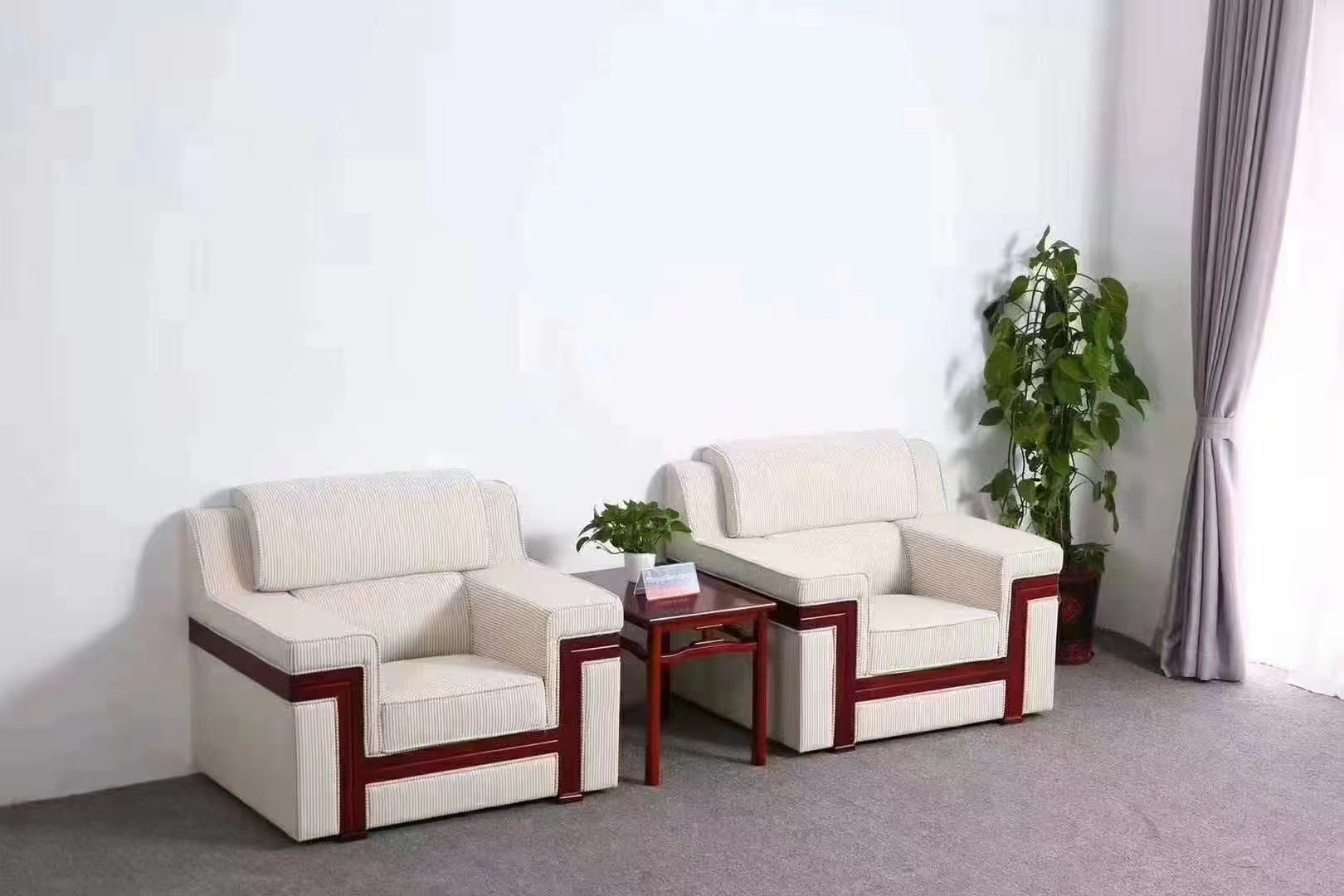 Single Upholstered Reception Armchair with Dark Red Wood Frame