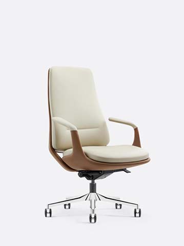 High-Back Executive Swivel Chair with Ivory Upholstery and Walnut Shell