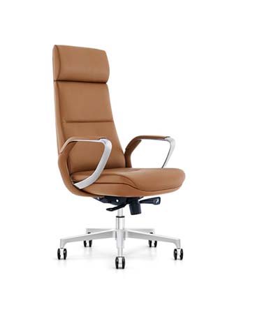 High-Back Brown Leather Executive Swivel Chair with Polished Aluminum Base