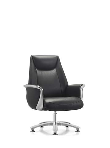 Black Leather Executive Swivel Lounge Chair with Polished Metal Base