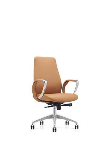 Cognac Upholstered Mid-Back Executive Swivel Chair with Polished Aluminum Base