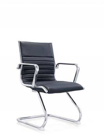 Black Ribbed Leather-Look Sled-Base Conference Chair