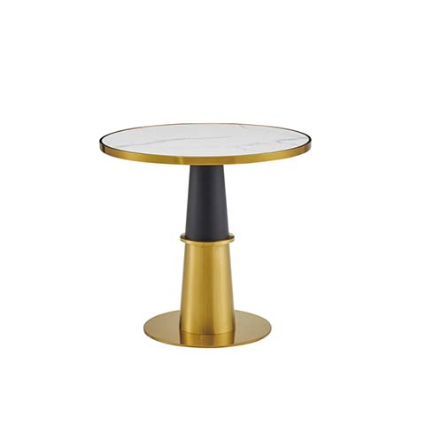 Luxury Round Accent Side Table with White Stone Top and Two-Tone Gold-Black Pedestal