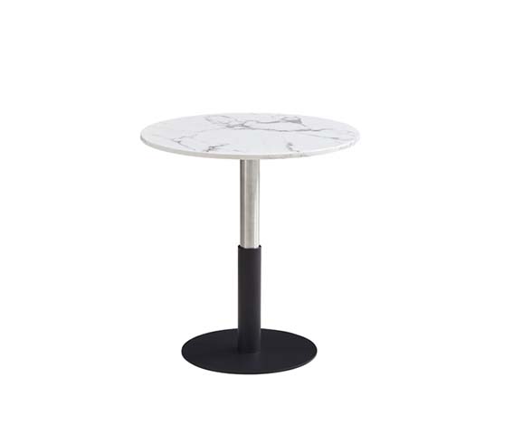 Round Pedestal Bistro Cafe Side Table with Marble-Veined White Top and Two-Tone Metal Column
