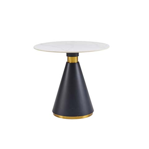 Round White Marble Top Black Conical Pedestal Side Table with Gold Accents