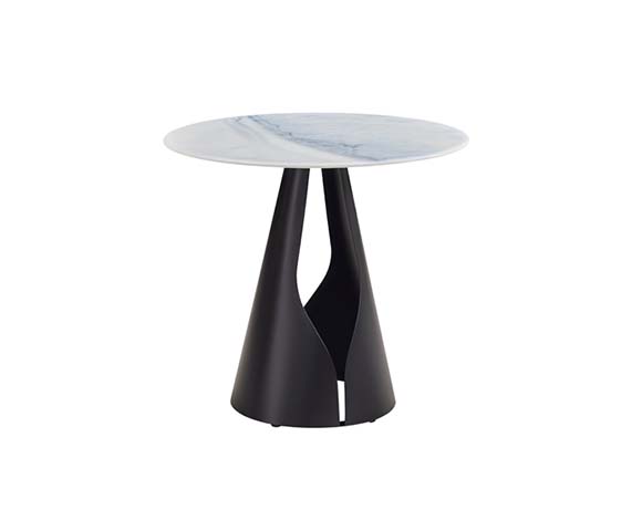 Modern Round Accent Side Table with White Veined Top and Matte Black Sculptural Split Pedestal Base