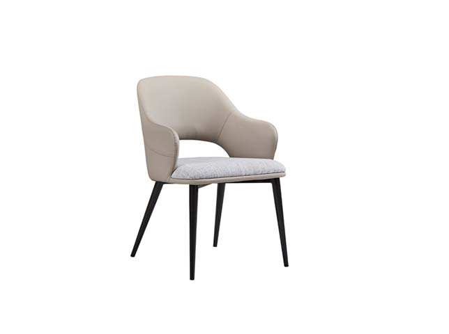 Two-Tone Upholstered Dining Armchair with Open Cutout Back and Black Metal Legs
