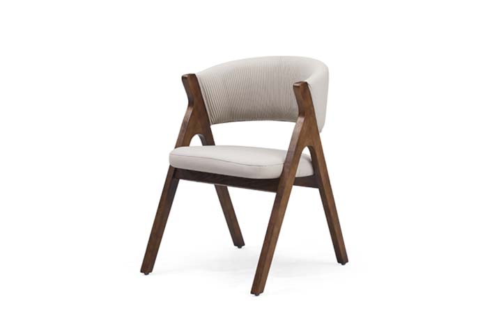 Mid-Century Walnut-Stained Wood Frame Ribbed Light Beige Upholstered Dining Armchair
