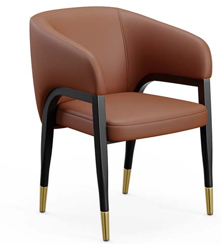 Cognac Brown Faux Leather Barrel Back Upholstered Dining Armchair with Black Legs and Brass Ferrules