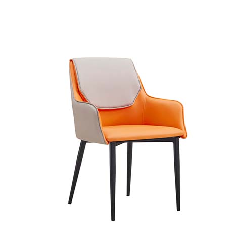 Two-Tone Orange and Greige Upholstered Dining Armchair with Matte Black Metal Legs