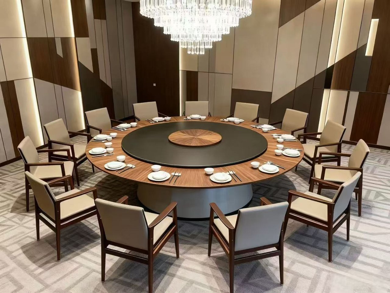 14-Seat Two-Tone Round Banquet Dining Table with Central Lazy Susan